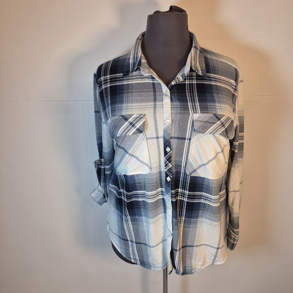 Love Potion Shirt Woman’s 2X Blue Plaid Button-Up Roll Tab Sleeve